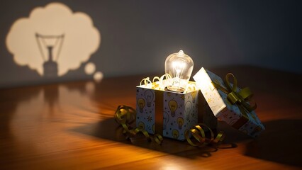 Bright idea gift concept glowing light bulb emerging from an open present box with shadow projection