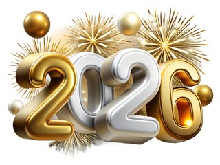 Shiny 2026 new year celebration with golden and silver balloons and fireworks