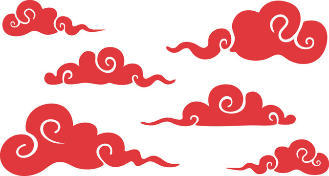 Traditional Red Chinese Cloud Motifs, Set of Stylized Oriental Clouds, Crimson Swirling Cloud Illustrations, Auspicious Red Clouds, Whispers of the Crimson Sky, Zen Cloud Silhouettes, illustration