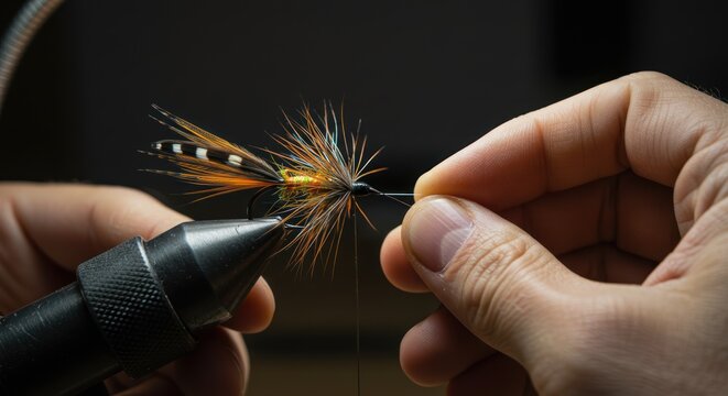 Artisan carefully tying a colorful fishing fly.