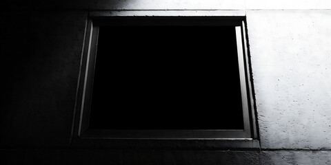 Dark architectural window opening in a concrete wall with dramatic light. Minimal black and white composition  mystery and depth. Moody modern background for conceptual design and editorial