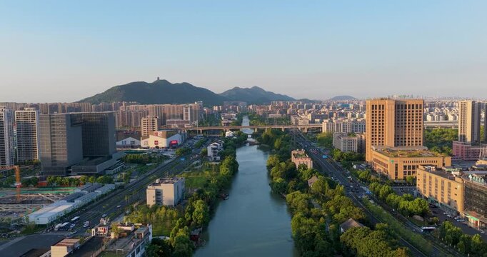 Hangzhou Wulin District Grand Canal Aerial View with Mountains