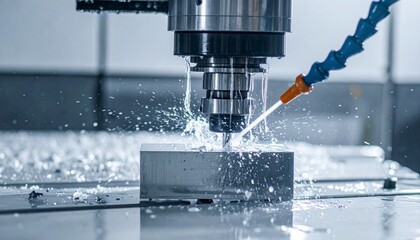 A high-precision CNC milling machine is cutting a solid metal