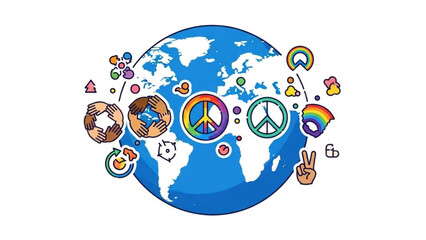 Obraz premium Vibrant illustration of a globe surrounded by peace signs, hands in unity, and rainbow symbols on a white background, conveying global harmony and peace