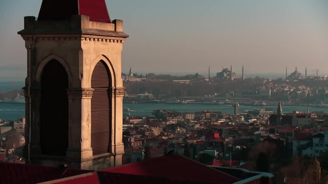 St Anthony Church Tower with Hagia Sophia and Topkapi Palace Background