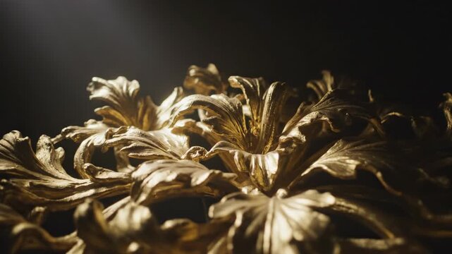 Extremely slow motion reveal of shimmering gilded abstract foliage structure illuminated by a soft dramatic spotlight against a deep shadow deep, hidden, slow