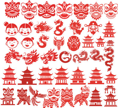 Red Chinese Festival Icons with Dragon, Lion Dance and Pagoda Set