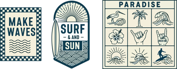 Obraz premium Vintage surf inspired illustrations and phrases on a beige background