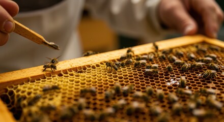Beekeeper Carefully Tending to Honeycomb Frame with Bees.