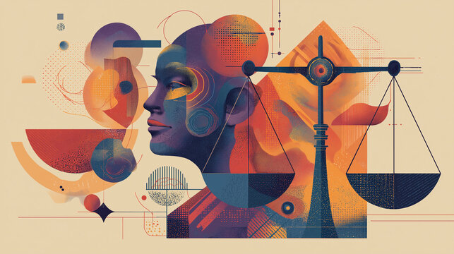 Abstract representation of artificial intelligence ethics with balanced scales, human and digital elements, symbolic futuristic composition