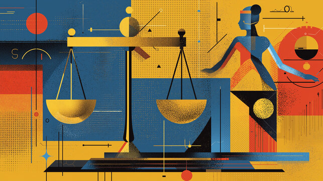 Abstract representation of artificial intelligence ethics with balanced scales, human and digital elements, symbolic futuristic composition