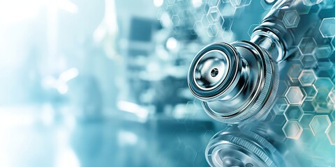 Close up of metallic stethoscope head with hexagonal tech overlay
