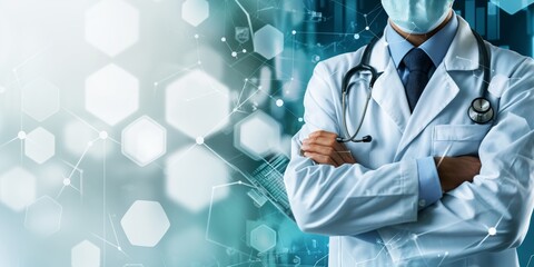 Doctor wearing mask with crossed arms and hexagonal medical overlay