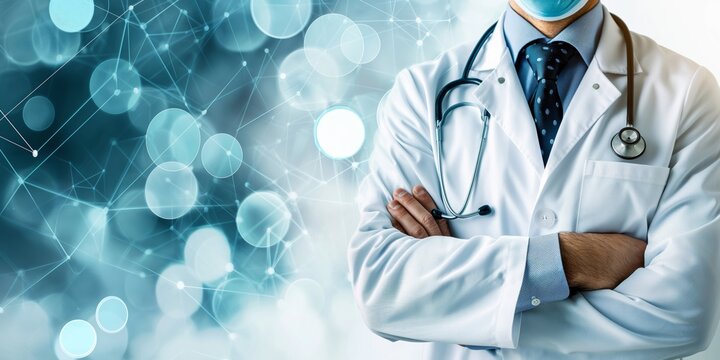 Doctor with crossed arms and stethoscope on blue network background - Powered by Adobe