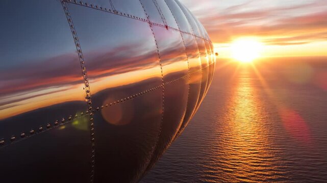 Extremely slow motion shot capturing the detailed surface of a reflective airship hull gliding silently over a vast expanse of pristine ocean wilderness during sunset concept, blimp, isolation