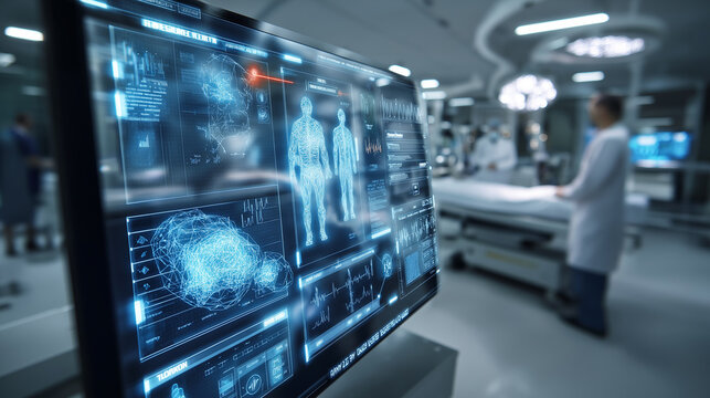 Artificial intelligence analyzing medical data on holographic screens, futuristic hospital environment, clean lighting, high-detail realism - Powered by Adobe