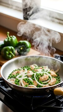 Cooking Chicken and Peas in Pan with Green Peppers