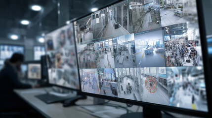 Artificial intelligence computer vision system monitoring security cameras, object detection overlays, cyber security room