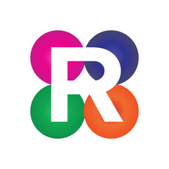 this is a letter logo design of initial R on a four circle round shape in different colors that looks good on a white background