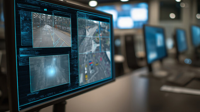 Artificial intelligence computer vision system monitoring security cameras, object detection overlays, cyber security room - Powered by Adobe
