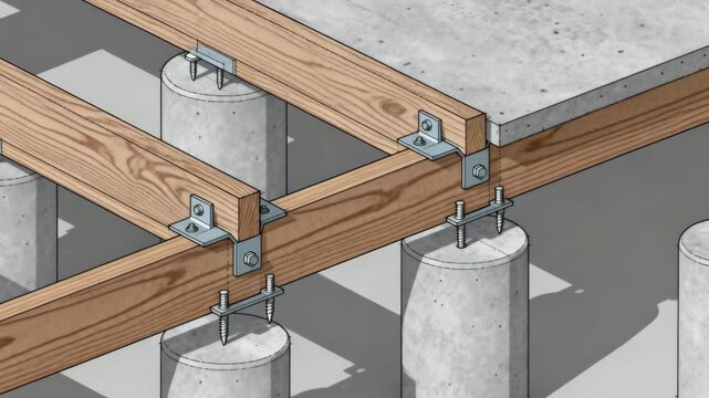Floor joists placed over concrete piers in an elevated setting focused on beam spacing and securing methods for raised floor support.