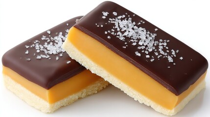 Hyper-real broken single Twix on white: half-cut reveals choc-caramel-biscuit layers, texture perfect for snack e-commerce hero, dessert tutorial cover, cravings ad