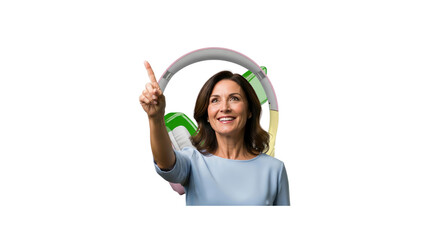 Happy woman pointing to tech headset