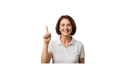 Mature woman pointing upward with a smile