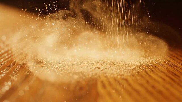 Extremely slow motion shot of fine dust particles descending and settling onto a smooth polished oak wooden surface illuminated by warm sunlight slowmo, movement, golden