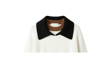 Ivory sweater with black collar close up