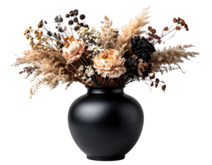 Minimalist Matte Black Vase with Dried Flowers Transparent Background.