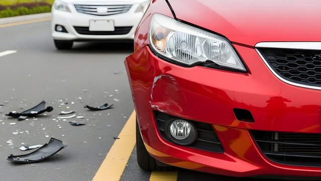 Red car with front bumper damage and broken headlight pieces on the road damaged car accident