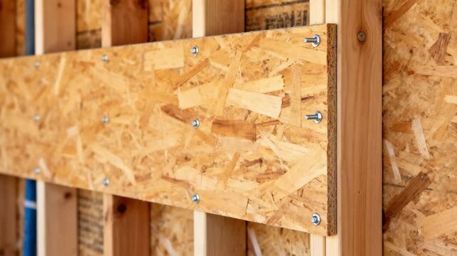Medium shot of plywood shear wall installation highlighting wood panel alignment and fastening for enhanced lateral stability in residential buildings.