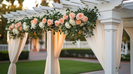Elegant floral archway adorned with peach and white roses, perfect for a wedding ceremony
