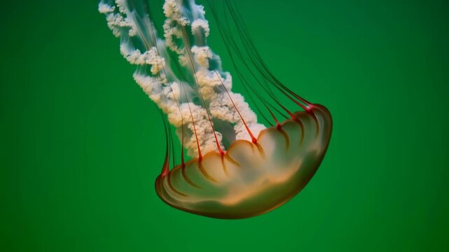 Close-up of a transparent jellyfish with long tentacles drifting in green water