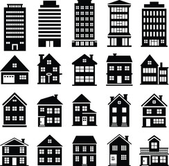 Fototapeta premium Building icons, house silhouettes, architecture, urban design, residential homes, commercial buildings, black vector, roof styles, window layout, door types, chimney, garage, porch
