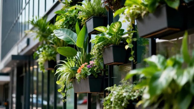 Medium shot of mixedsize hanging planters integrated into a commercial buildings facade blending textured leaves and flowers for a dynamic urban garden effect.
