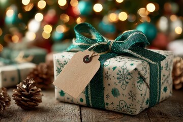 Festive Gift Box with Green Ribbon and Christmas Decorations