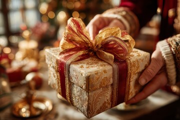 Elegant Gold and Red Wrapped Gift with Ribbons in Festive Setting