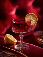 Elegant Cocktail in Crystal Glass with Deep Red Hues and Lemon Slice