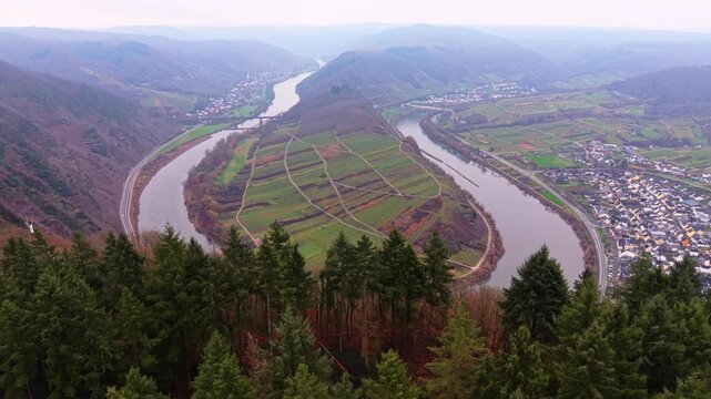 Aerial view of the winding Moselle river flowing through the deep valley of Bremm.