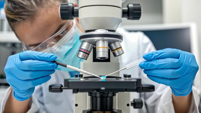 IVF Procedure Concept ,Scientist laboratory microscope research experiment blue glove mask medical analysis technology precision science focus