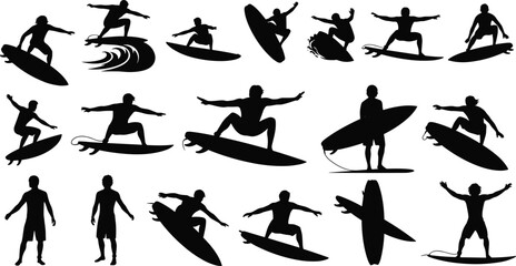 Illustrations of Male and Female Surfers Riding Waves and Performing Tricks on Boards for Sport 