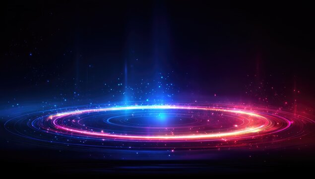 Abstract, vibrant, glowing rings in blue and pink, on a dark background, with swirling particles - Powered by Adobe