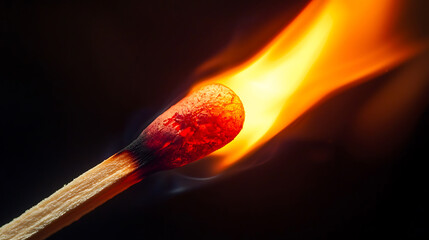 Close-up of a burning matchstick with vibrant orange flames against a dark background.