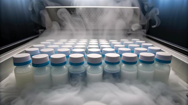 IVF Procedure Concept ,Frozen Milk Bottle Laboratory Storage with Cold Vapor Blue Caps for Scientific Medical Research and Cryogenic Preservation