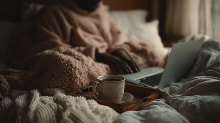 hot drink next to a laptop at home indicating remote work from home