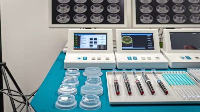 IVF Procedure Concept ,Medical laboratory equipment including petri dish, syringe, pipette, digital monitor, and test tubes blue table hospital lab