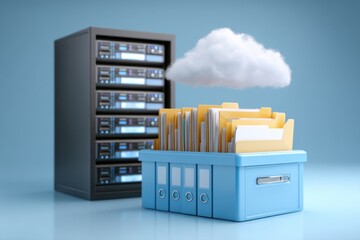 Cloud computing data storage system featuring server rack alongside a box of organized files on a clean blue backdrop