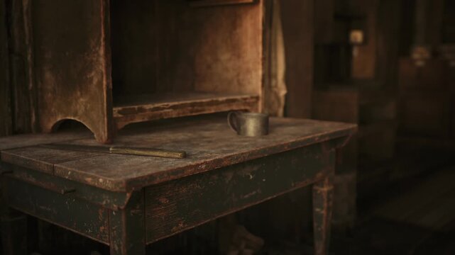 An aged wooden table stands against a rustic wall, holding a metal mug and a stick. The low light creates a warm atmosphere, highlighting the textures and age of the furniture.